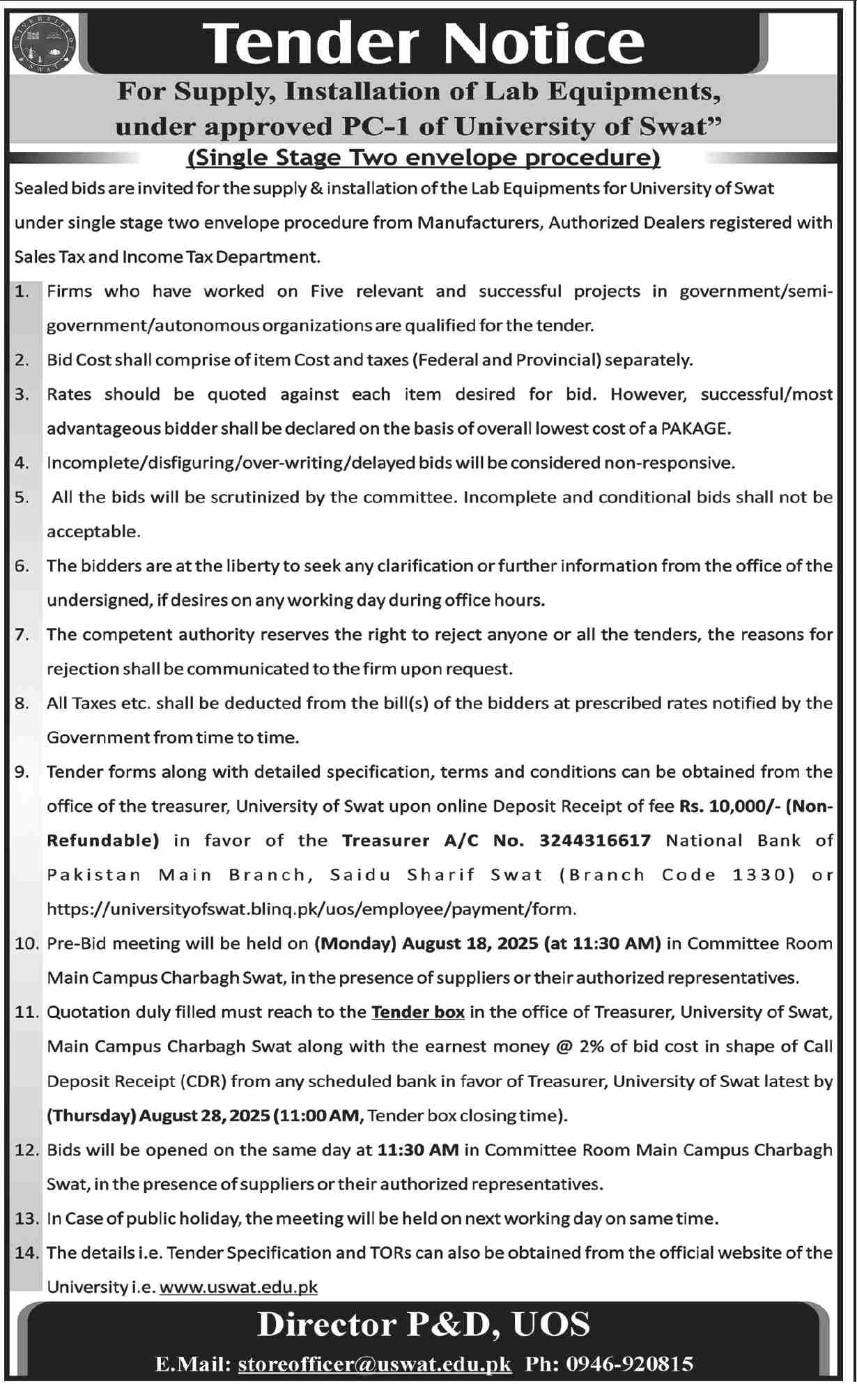University of Swat Tender Notice
